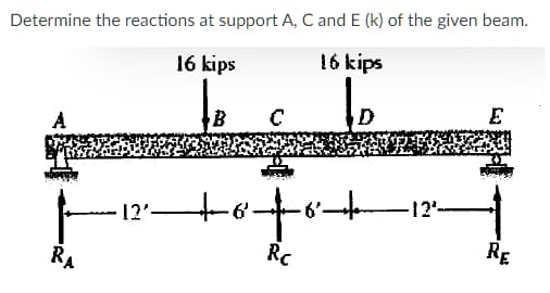 Determine the reactions at support A, C and E (k) of the given beam.
16 kips
16 kips
D
E
12'-
12'-
RE
Rc
RA
