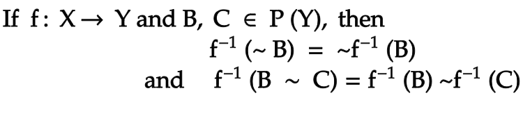 If f: X→ Y and B, C e P (Y), then
-f-" (B)
f1 (~ B)
and f-1 (B - C) = f1 (B) ~f-1 (C)
