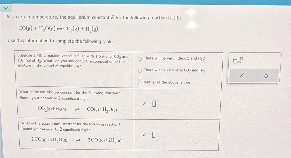 At a certain temperature, the equilibrium constant K for the following reaction is 1.0:
CO(g) + H₂O(g)CO₂(g) + H₂(g)
Use this information to complete the following table.
Suppose a 48. L reaction vessel is filled with 1.6 mol of CO₂ and
1.6 mol of H₂. What can you say about the composition of the
mixture in the vessel at equilibrium?
What is the equilibrium constant for the following reaction?
Round your answer to 2 significant digits.
CO,(g)+H,(g)
CO(g) +H₂O(g)
ܝܢ
What is the equilibrium constant for the following reaction?
Round your answer to 2 significant digits.
2 CO(g)+2H₂O(g)
2 CO₂(g)+2H₂(g)
ܝܢ
There will be very little CO and H₂O.
There will be very little CO₂ and H₂.
Neither of the above is true.
K = 0
K = 0
0
0x10
X
5