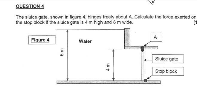 QUESTION 4
The sluice gate, shown in figure 4, hinges freely about A. Calculate the force exerted on
the stop block if the sluice gate is 4 m high and 6 m wide.
[1
Figure 4
6 m
Water
4 m
A
Sluice gate
Stop block