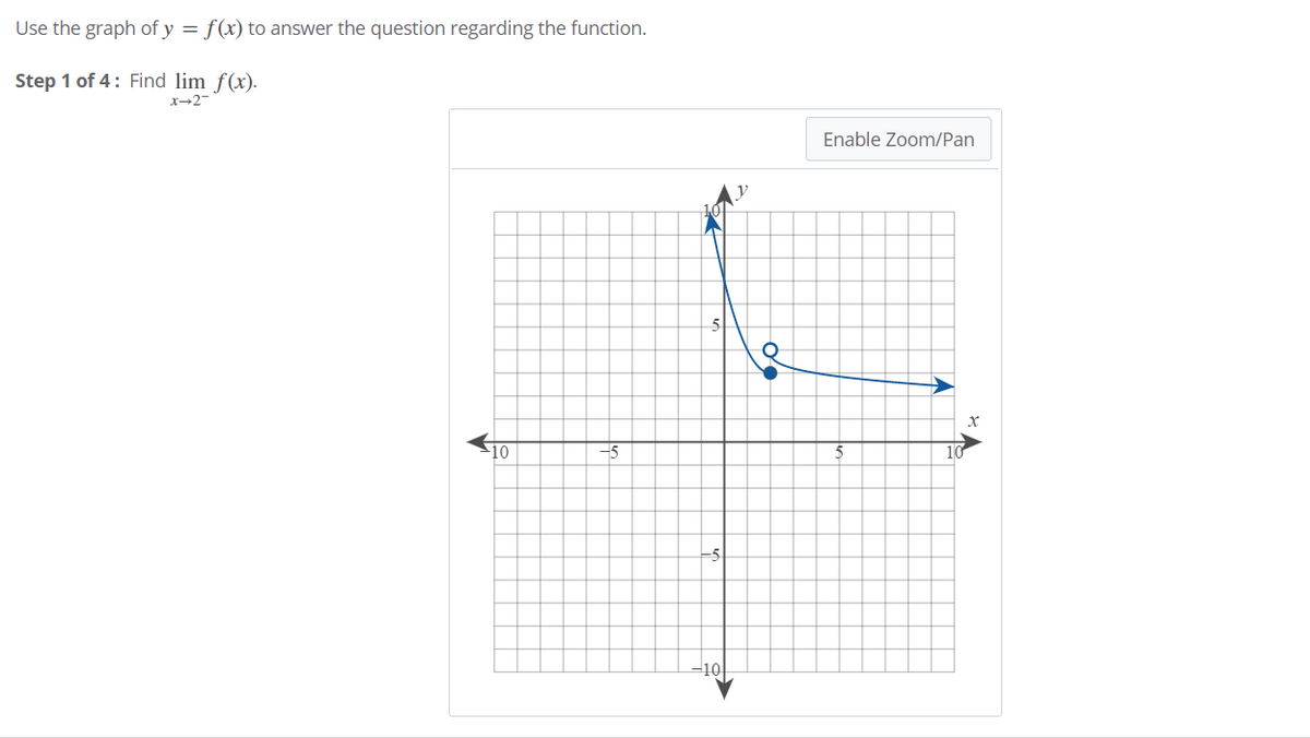 Use the graph of y = f(x) to answer the question regarding the function.
Step 1 of 4: Find lim f(x).
X-2-
Enable Zoom/Pan
-10
10
=10|

