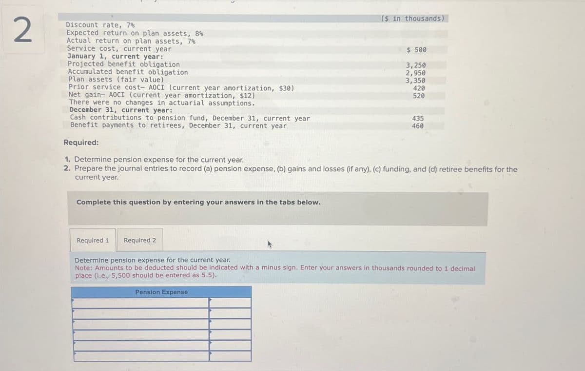2
($ in thousands)
Discount rate, 7%
Expected return on plan assets, 8%
Actual return on plan assets, 7%
Service cost, current year
January 1, current year:
Projected benefit obligation
Accumulated benefit obligation
Plan assets (fair value)"
Prior service cost- AOCI (current year amortization, $30)
Net gain- AOCI (current year amortization, $12)
There were no changes in actuarial assumptions.
December 31, current year:
Cash contributions to pension fund, December 31, current year
Benefit payments to retirees, December 31, current year
Required:
1. Determine pension expense for the current year.
$ 500
3,250
2,950
3,350
420
520
435
460
2. Prepare the journal entries to record (a) pension expense, (b) gains and losses (if any), (c) funding, and (d) retiree benefits for the
current year.
Complete this question by entering your answers in the tabs below.
Required 1 Required 2
Determine pension expense for the current year.
Note: Amounts to be deducted should be indicated with a minus sign. Enter your answers in thousands rounded to 1 decimal
place (i.e., 5,500 should be entered as 5.5).
Pension Expense