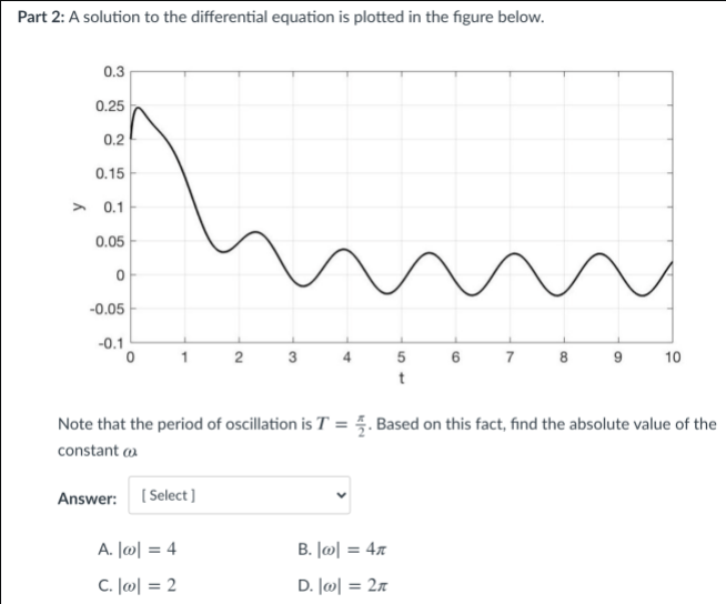 Part 2: A solution to the differential equation is plotted in the figure below.
0.3
0.25
0.2
0.15
> 0.1
0.05
아
-0.05
-0.1
1
3
5
6
7
8
10
t
Note that the period of oscillation is T = 5. Based on this fact, find the absolute value of the
constant a
Answer:
[ Select ]
A. Jø| = 4
B. Jø| = 4x
%3D
C. [@| = 2
D. lo이= 2x
%3D
