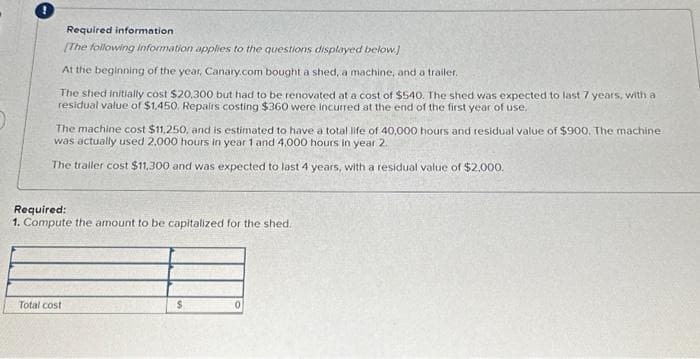 Required information.
[The following information applies to the questions displayed below.]
At the beginning of the year, Canary.com bought a shed, a machine, and a trailer.
The shed initially cost $20,300 but had to be renovated at a cost of $540. The shed was expected to last 7 years, with a
residual value of $1,450. Repairs costing $360 were incurred at the end of the first year of use.
The machine cost $11,250, and is estimated to have a total life of 40,000 hours and residual value of $900. The machine.
was actually used 2,000 hours in year 1 and 4.000 hours in year 2.
The trailer cost $11,300 and was expected to last 4 years, with a residual value of $2.000.
Required:
1. Compute the amount to be capitalized for the shed.
Total cost
$
0