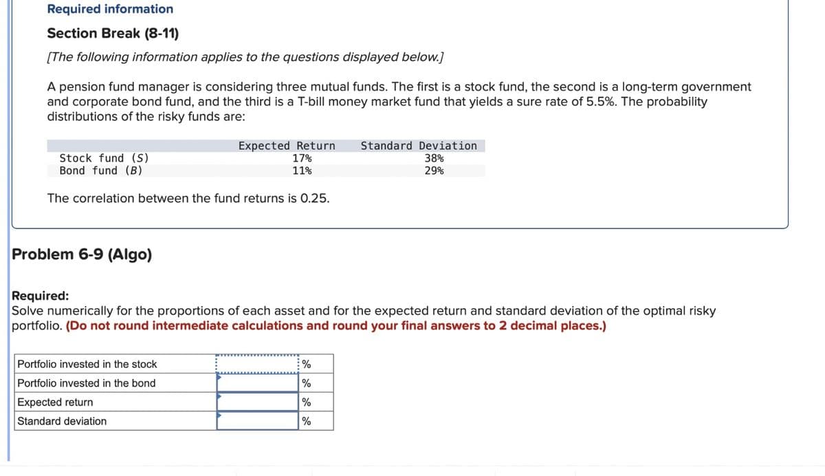 Required information
Section Break (8-11)
[The following information applies to the questions displayed below.]
A pension fund manager is considering three mutual funds. The first is a stock fund, the second is a long-term government
and corporate bond fund, and the third is a T-bill money market fund that yields a sure rate of 5.5%. The probability
distributions of the risky funds are:
Stock fund (S)
Bond fund (B)
The correlation between the fund returns is 0.25.
Problem 6-9 (Algo)
Expected Return
17%
11%
Portfolio invested in the stock
Portfolio invested in the bond
Required:
Solve numerically for the proportions of each asset and for the expected return and standard deviation of the optimal risky
portfolio. (Do not round intermediate calculations and round your final answers to 2 decimal places.)
Expected return
Standard deviation
Standard Deviation
38%
29%
%
%
%
%