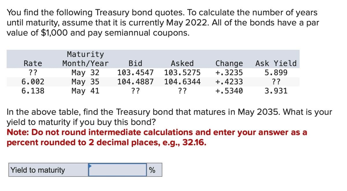 You find the following Treasury bond quotes. To calculate the number of years
until maturity, assume that it is currently May 2022. All of the bonds have a par
value of $1,000 and pay semiannual coupons.
Rate
??
6.002
6.138
Maturity
Month/Year
May 32
May 35
May 41
Yield to maturity
Bid
Asked
103.4547
103.5275
104.4887 104.6344
??
??
Change
+.3235
+.4233
+.5340
In the above table, find the Treasury bond that matures in May 2035. What is your
yield to maturity if you buy this bond?
Note: Do not round intermediate calculations and enter your answer as a
percent rounded to 2 decimal places, e.g., 32.16.
%
Ask Yield
5.899
??
3.931