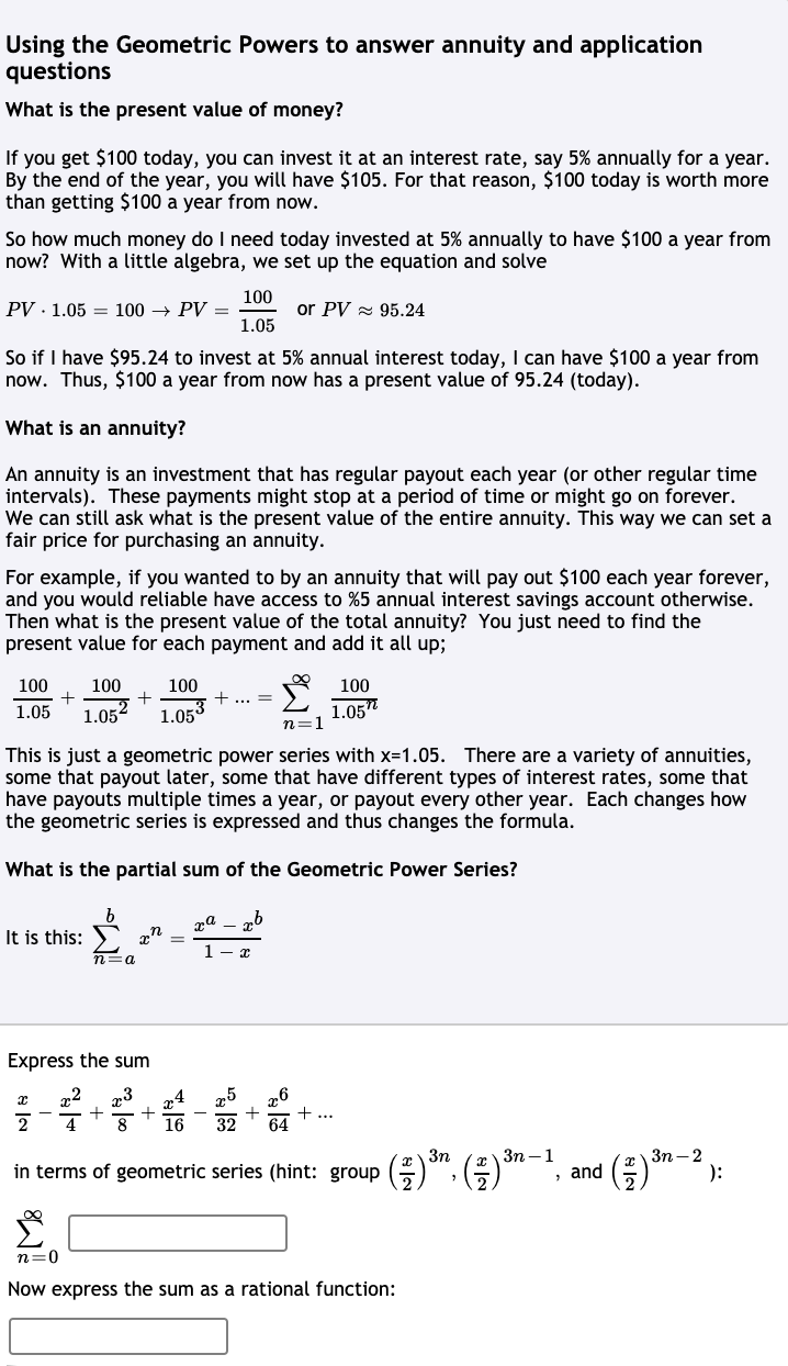 Express the sum
23
25
26
32
16
64
3n
()". (=)
in terms of geometric series (hint: group
Зп — 1
Зп — 2
):
and
n=0
Now express the sum as a rational function:
