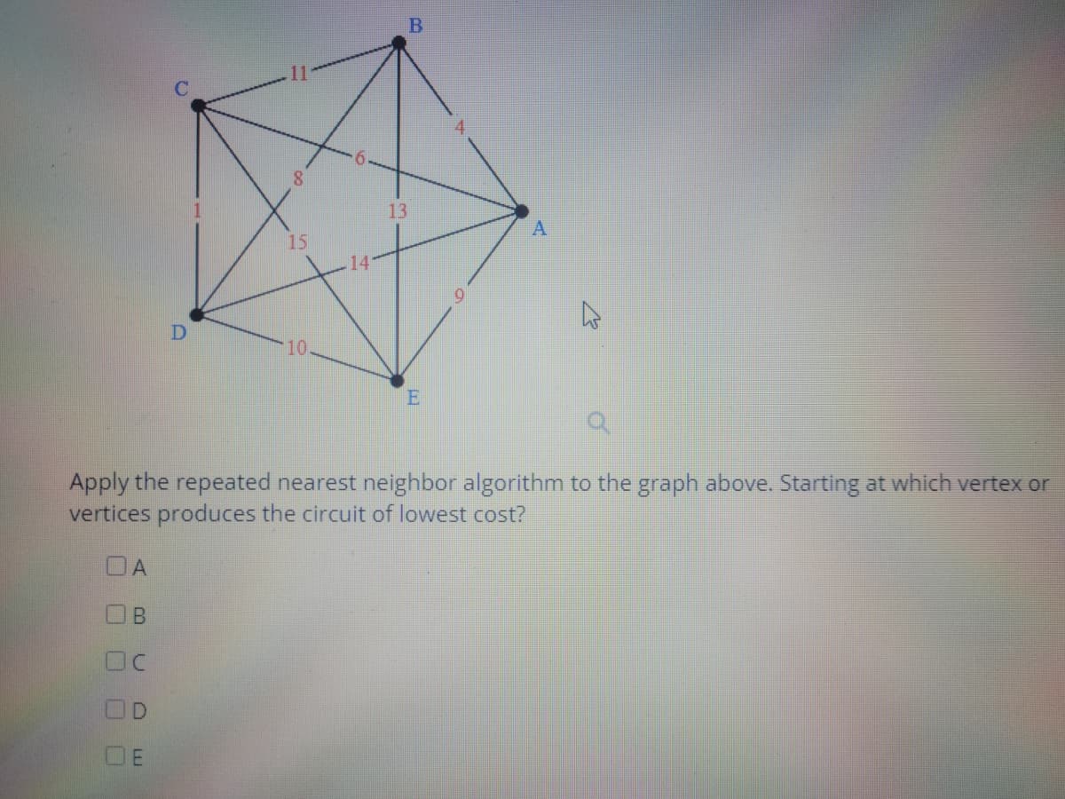 13
15
14
10
Apply the repeated nearest neighbor algorithm to the graph above. Starting at which vertex or
vertices produces the circuit of lowest cost?
OA
