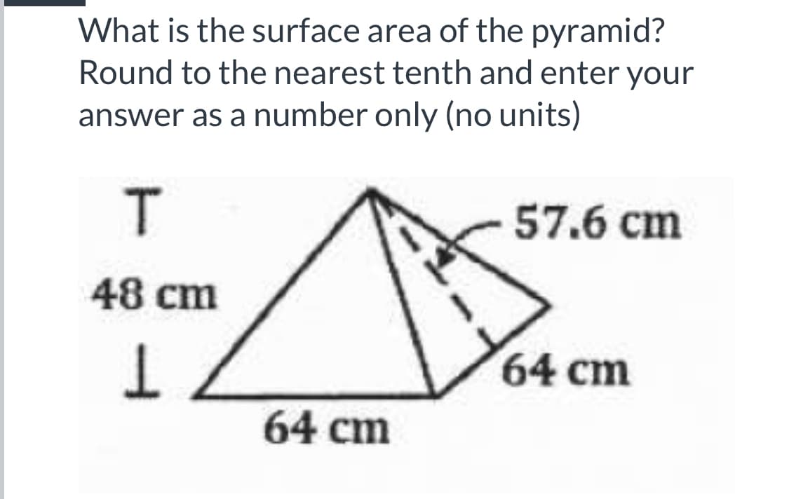 What is the surface area of the pyramid?
Round to the nearest tenth and enter your
answer as a number only (no units)
T.
57.6 cm
48 сm
64 ст
64 cm
