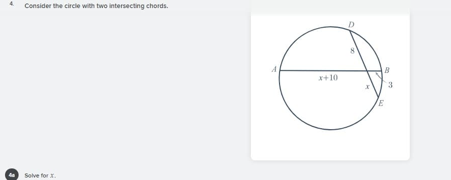 4.
Consider the circle with two intersecting chords.
D
A
B
x+10
3.
E
4a
Solve for X.
