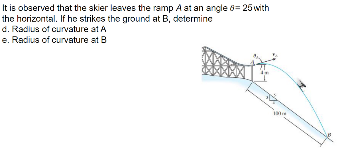 It is observed that the skier leaves the ramp A at an angle 0= 25 with
the horizontal. If he strikes the ground at B, determine
d. Radius of curvature at A
e. Radius of curvature at B
71
4 m
100 m
B