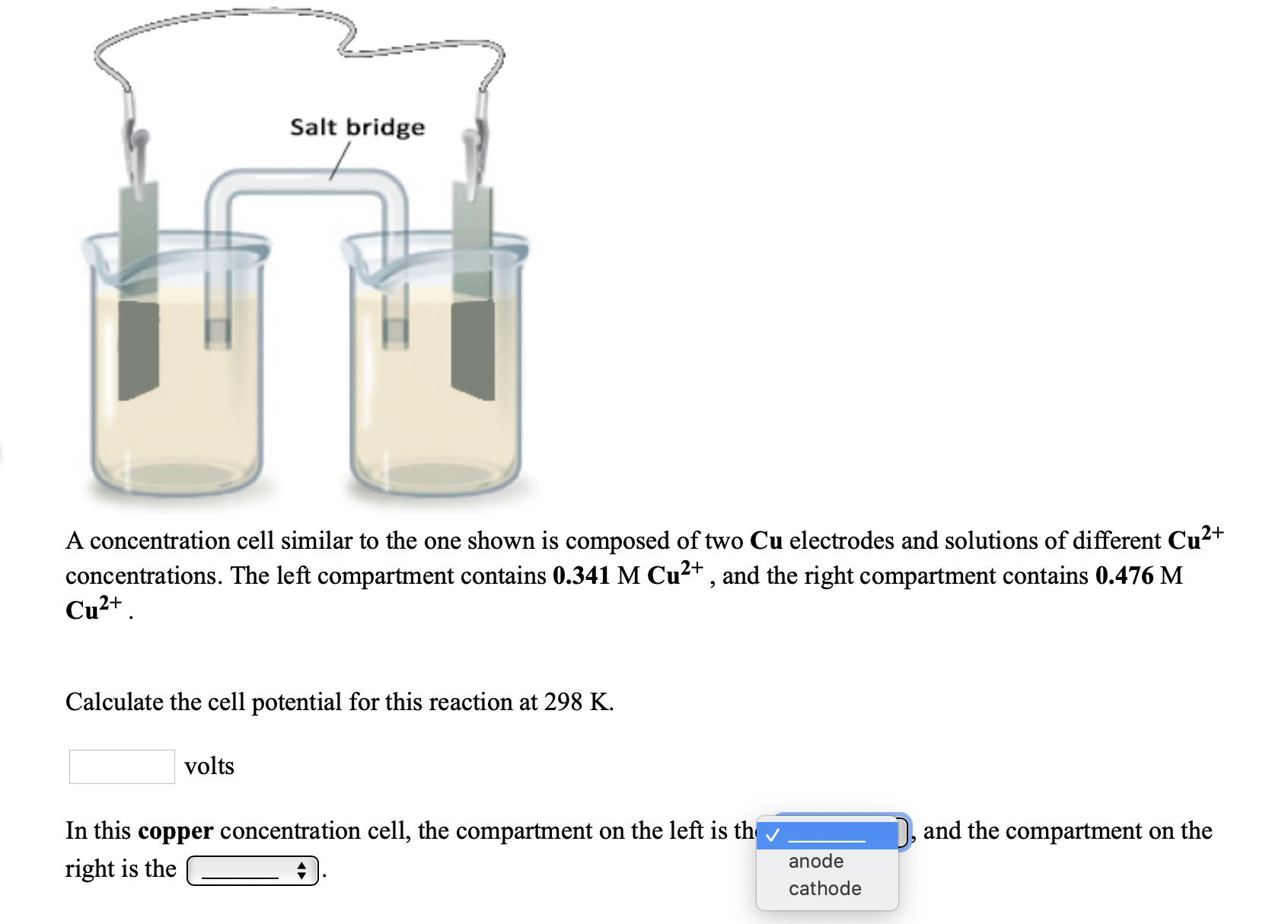 Salt bridge
A concentration cell similar to the one shown is composed of two Cu electrodes and solutions of different Cu²+
concentrations. The left compartment contains 0.341 M Cu2+ , and the right compartment contains 0.476 M
Cu²+.
Calculate the cell potential for this reaction at 298 K.
volts
In this copper concentration cell, the compartment on the left is the
and the compartment on the
anode
right is the
cathode
