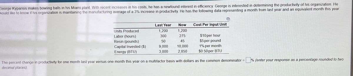 George Kyparisis makes bowling balls in his Miami plant. With recent increases in his costs, he has a newfound interest in efficiency. George is interested in determining the productivity of his organization. He
would like to know if his organization is maintaining the manufacturing average of a 3% increase in productivity. He has the following data representing a month from last year and an equivalent month this year:
Units Produced
Labor (hours)
Resin (pounds)
Capital Invested ($)
Energy (BTU)
The percent change in productivity for one month last year versus one month this year or
decimal places).
Last Year
1,200
300
50
9,000
3,000
Now
1,200
275
45
10,000
2,850
Cost Per Input Unit
$10 per hour
$5 per pound
1% per month
$0.50 per BTU
multifactor basis with dollars as the common denominator =
% (enter your response as a percentage rounded to two