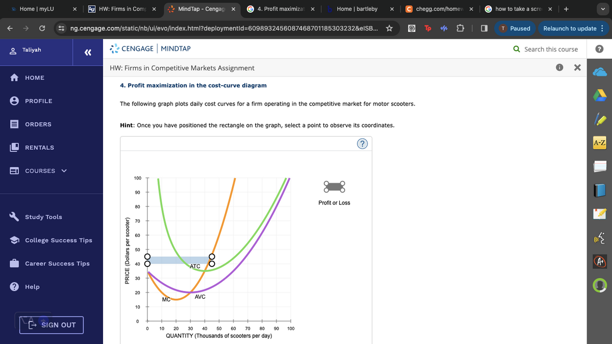 Home | myLU
HW: Firms in Comp x
Mind Tap - Cengage ×
4. Profit maximizat x
Home | bartleby
chegg.com/homew x
how to take a scre X +
Tp
• Taliyah
E>
C
HOME
PROFILE
ng.cengage.com/static/nb/ui/evo/index.html?deploymentId=6098932456087468701185303232&elSB...
«
CENGAGE MINDTAP
HW: Firms in Competitive Markets Assignment
4. Profit maximization in the cost-curve diagram
The following graph plots daily cost curves for a firm operating in the competitive market for motor scooters.
☑
A
5
→
ORDERS
RENTALS
COURSES
Study Tools
College Success Tips
Career Success Tips
Help
Hint: Once you have positioned the rectangle on the graph, select a point to observe its coordinates.
PRICE (Dollars per scooter)
100
90
80
70
60
30
20
10
ATC
AVC
MC
→SIGN OUT
0
0
10
20
30
40
50
60
70
80
90
100
QUANTITY (Thousands of scooters per day)
Profit or Loss
(?)
T Paused Relaunch to update ⠀
Q Search this course
A-Z
A