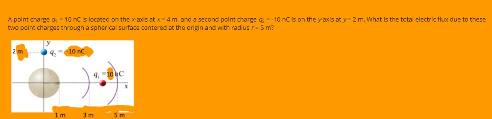 A point charge g = 10 nC is located on the x-axis at x = 4 m, and a second point charge g, = -10 nC is on the y-axis at y= 2 m. What is the total electric flux due to these
two point charges through a spherical surface centered at the origin and with radius r= 5 m?
2 m
4, =10 nc
9, -10 hC
1 m
3 m
5 m
