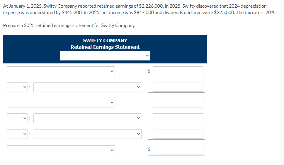 At January 1, 2025, Swifty Company reported retained earnings of $2,226,000. In 2025, Swifty discovered that 2024 depreciation
expense was understated by $445,200. In 2025, net income was $817,000 and dividends declared were $225,000. The tax rate is 20%.
Prepare a 2025 retained earnings statement for Swifty Company.
SWIFTY COMPANY
Retained Earnings Statement
V
$