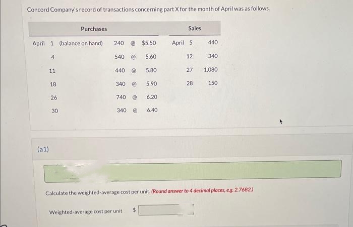 Concord Company's record of transactions concerning part X for the month of April was as follows.
Purchases
April 1 (balance on hand)
(a1)
4
11
18
26
30
240 @ $5.50
540 @
5.60
440 @
5.80
340 @ 5.90
740 @ 6.20
340 @ 6.40
Sales
Weighted average cost per unit
April 51
12
27
28
440
340
1,080
150
Calculate the weighted-average cost per unit. (Round answer to 4 decimal places, e.g. 2.7682.)