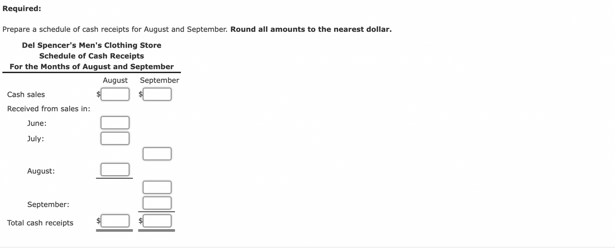 Required:
Prepare a schedule of cash receipts for August and September. Round all amounts to the nearest dollar.
Del Spencer's Men's Clothing Store
Schedule of Cash Receipts
For the Months of August and September
August September
Cash sales
Received from sales in:
June:
July:
August:
September:
Total cash receipts