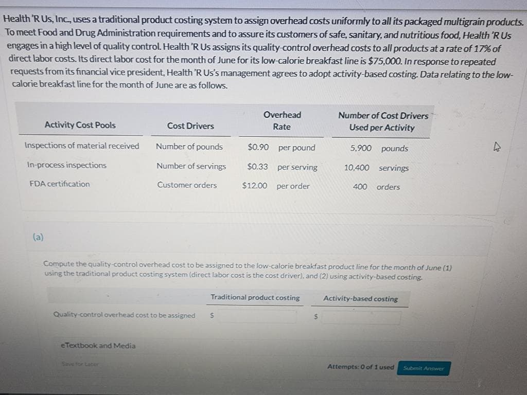Health 'R Us, Inc., uses a traditional product costing system to assign overhead costs uniformly to all its packaged multigrain products.
To meet Food and Drug Administration requirements and to assure its customers of safe, sanitary, and nutritious food, Health 'R Us
engages in a high level of quality control. Health 'R Us assigns its quality-control overhead costs to all products at a rate of 17% of
direct labor costs. Its direct labor cost for the month of June for its low-calorie breakfast line is $75,000. In response to repeated
requests from its financial vice president, Health 'R Us's management agrees to adopt activity-based costing. Data relating to the low-
calorie breakfast line for the month of June are as follows.
Activity Cost Pools
Inspections of material received
In-process inspections
FDA certification
(a)
Cost Drivers
eTextbook and Media
Number of pounds
Number of servings
Customer orders
Quality-control overhead cost to be assigned
Save for Later
Overhead
Rate
$
$0.90
$0.33
$12.00
per pound
per serving
per order
Compute the quality-control overhead cost to be assigned to the low-calorie breakfast product line for the month of June (1)
using the traditional product costing system (direct labor cost is the cost driver), and (2) using activity-based costing.
Traditional product costing
Number of Cost Drivers
Used per Activity
5,900 pounds
10,400 servings
S
400
orders
Activity-based costing
Attempts: 0 of 1 used Submit Answer
4