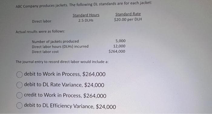 ABC Company produces jackets. The following DL standards are for each jacket:
Standard Hours
2.5 DLHS
Standard Rate
$20.00 per DLH
Direct labor
Actual results were as follows:
5,000
12,000
$264,000
Number of jackets produced
Direct labor hours (DLHs) incurred
Direct labor cost
The journal entry to record direct labor would include a:
debit to Work in Process, $264,000
debit to DL Rate Variance, $24,000
credit to Work in Process, $264,000
debit to DL Efficiency Variance, $24,000