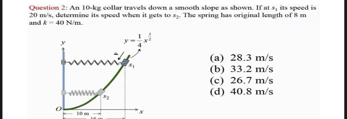 Question 2: An 10-kg collar travels down a smooth slope as shown. If at s₁ its speed is
20 m/s, determine its speed when it gets to s₂. The spring has original length of 8 m
and k = 40 N/m.
10 m
16 m
y =
$1
(a) 28.3 m/s
(b) 33.2 m/s
(c) 26.7 m/s
(d) 40.8 m/s