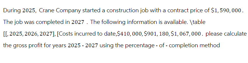 During 2025, Crane Company started a construction job with a contract price of $1,590,000.
The job was completed in 2027. The following information is available. \table
[[, 2025, 2026 2027], [Costs incurred to date,$410, 000, $901, 180, $1,067, 000. please calculate
the gross profit for years 2025 - 2027 using the percentage - of - completion method