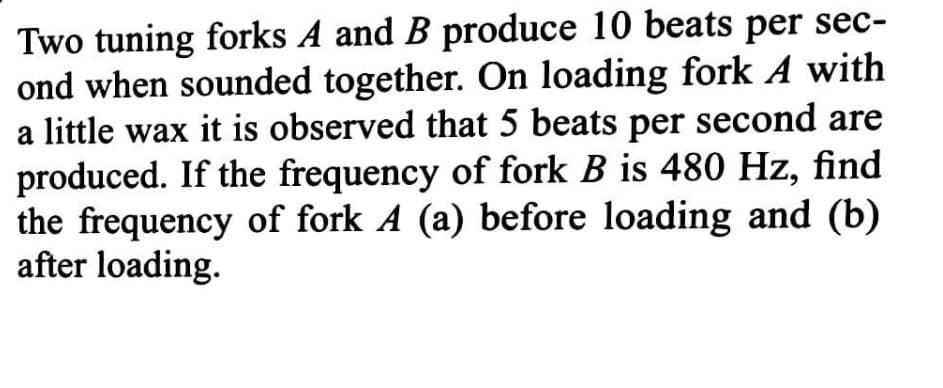 Two tuning forks A and B produce 10 beats per sec-
ond when sounded together. On loading fork A with
a little wax it is observed that 5 beats per second are
produced. If the frequency of fork B is 480 Hz, find
the frequency of fork A (a) before loading and (b)
after loading.
