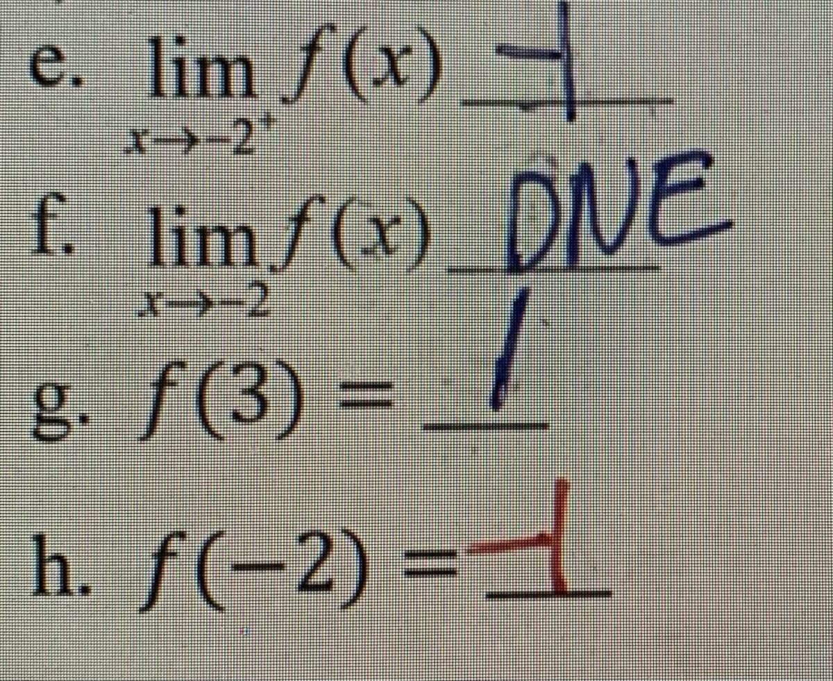 e. lim f(x)
x→-2*
f. limf(x) DNE
g. f(3) =
h. f(-2)
==_
