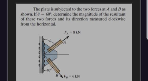 The plate is subjected to the two forces at A and B as
60°, determine the magnitude of the resultant
of these two forces and its direction measured clockwise
shown. If 0
%3D
from the horizontal.
FA=8 kN
BF=6 kN
