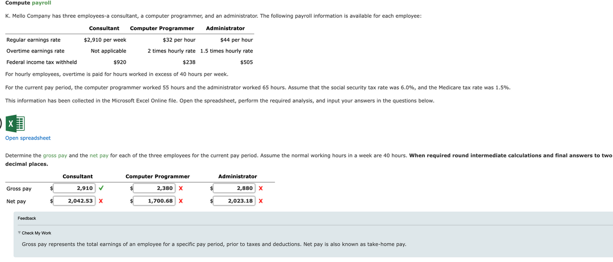 Compute payroll
K. Mello Company has three employees-a consultant, a computer programmer, and an administrator. The following payroll information is available for each employee:
Consultant Computer Programmer
$32 per hour
$44 per hour
2 times hourly rate 1.5 times hourly rate
$238
$505
Regular earnings rate
$2,910 per week
Overtime earnings rate
Not applicable
Federal income tax withheld
$920
For hourly employees, overtime is paid for hours worked in excess of 40 hours per week.
For the current pay period, the computer programmer worked 55 hours and the administrator worked 65 hours. Assume that the social security tax rate was 6.0%, and the Medicare tax rate was 1.5%.
This information has been collected in the Microsoft Excel Online file. Open the spreadsheet, perform the required analysis, and input your answers in the questions below.
X
Open spreadsheet
Determine the gross pay and the net pay for each of the three employees for the current pay period. Assume the normal working hours in a week are 40 hours. When required round intermediate calculations and final answers to two
decimal places.
Gross pay
Net pay
Feedback
▼ Check My Work
Consultant
2,910
2,042.53 X
Computer Programmer
2,380 X
1,700.68 X
Administrator
$
$
$
$
Administrator
2,880 X
2,023.18 X
Gross pay represents the total earnings of an employee for a specific pay period, prior to taxes and deductions. Net pay is also known as take-home pay.