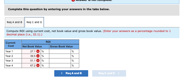 Complete this question by entering your answers in the tabs below.
Req A and B Req C and D
Compute ROI using current cost, net book value and gross book value. (Enter your answers as a percentage rounded to 1
decimal place (i.e., 32.1).)
Current
Cost
Year 1
Year 2
Year 3
Year 4
Net Book Value
27.1 x %
39.5 x %
51.1%
67.2 x %
ROI
Gross Book Value
%
%
%
%
< Req A and B
Req C and D