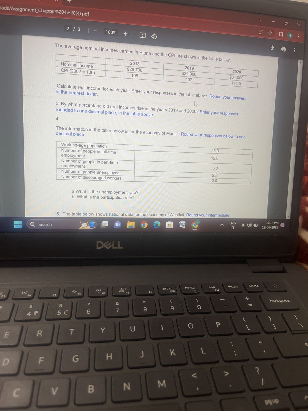 pads/Assignment_Chapter%204%20(4).pdf
F3
E
D
Q Search
DII
F4
$
R
F
1
2 / 3 | -
The average nominal incomes earned in Eturia and the CPI are shown in the table below.
2018
$26,700
105
Nominal income
CPI (2002= 100)
FS
to the nearest dollar.
Calculate real income for each year. Enter your responses in the table above. Round your answers
rounded to one decimal place, in the table above.
b. By what percentage did real incomes rise in the years 2019 and 2020? Enter your responses
V
4.
decimal place.
The information in the table below is for the economy of Mensk. Round your responses below to one
100% + |
Working-age population
Number of people in full-time
employment
Number of people in part-time
employment
Number of people unemployed
Number of discouraged workers
%
5 €
a.What is the unemployment rate?
b. What is the participation rate?
5. The table below shows national data for the economy of Westfall. Round your intermediate
9 @
T
F6
6
B
DELL
Y
H
8
&
7
F8
U
N
* 00
8
J
F9
prt sc
2019
$32,000
107
M
F10
9
K
home
F11
O
25.0
12.0
L
5.0
2.5
2.0
2020
$34,000
111.5
end
F12
P
ENG
IN
insert
E
delete
+ 11
[
✰ ✰ OH :
?
05:22 PM
12-06-2023
backspace
X
pg up
e