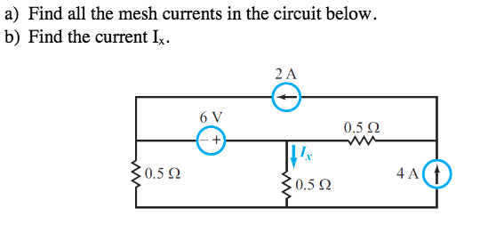 a) Find all the mesh currents in the circuit below.
b) Find the current Ix.
2 A
6 V
0.5 Ω
C0.5 2
4 A(t
0.5 2
