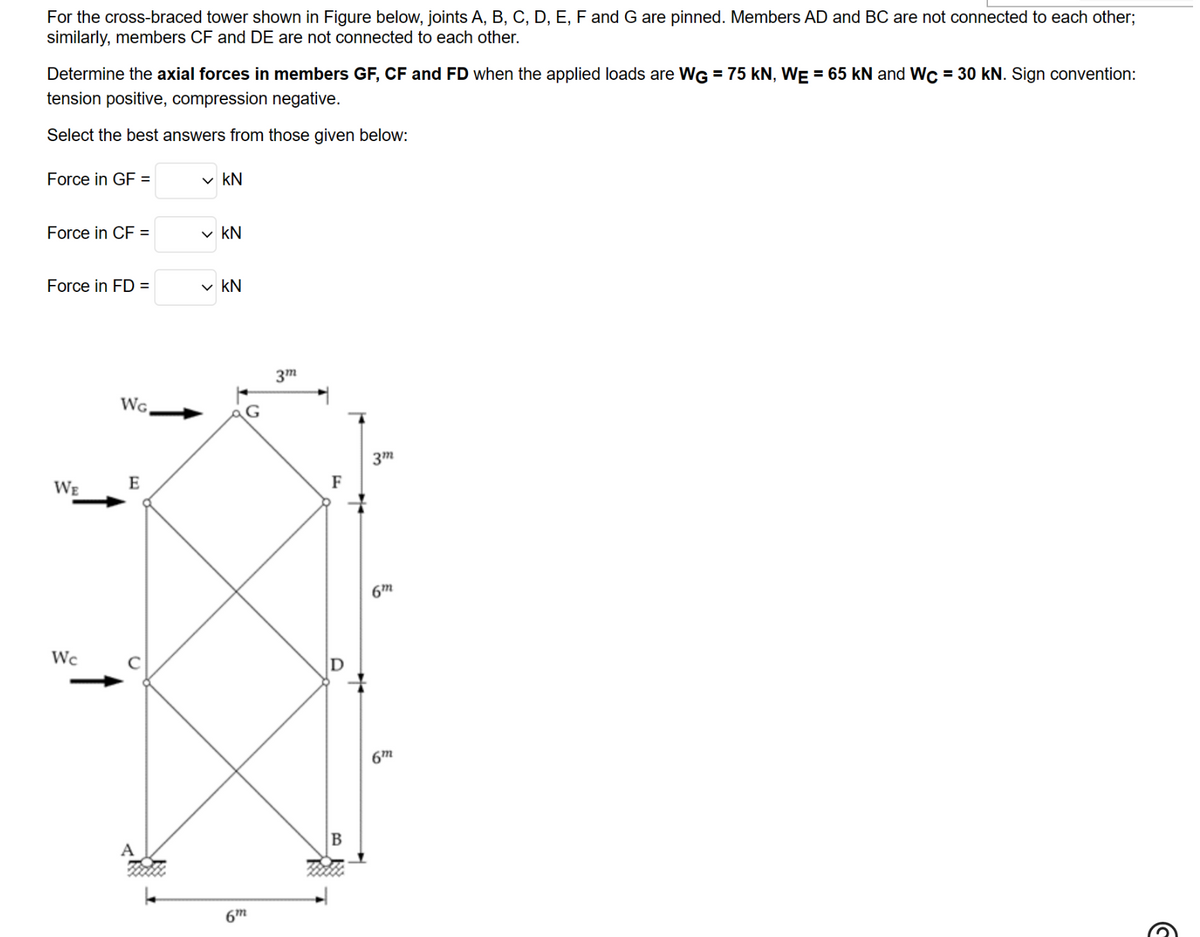 For the cross-braced tower shown in Figure below, joints A, B, C, D, E, F and G are pinned. Members AD and BC are not connected to each other;
similarly, members CF and DE are not connected to each other.
Determine the axial forces in members GF, CF and FD when the applied loads are WG = 75 kN, WE = 65 kN and Wc = 30 kN. Sign convention:
tension positive, compression negative.
Select the best answers from those given below:
Force in GF =
Force in CF =
Force in FD =
WE
Wc
WG.
E
✓ KN
✓ KN
✓ KN
6m
3m
D
3m
6m
6m
G