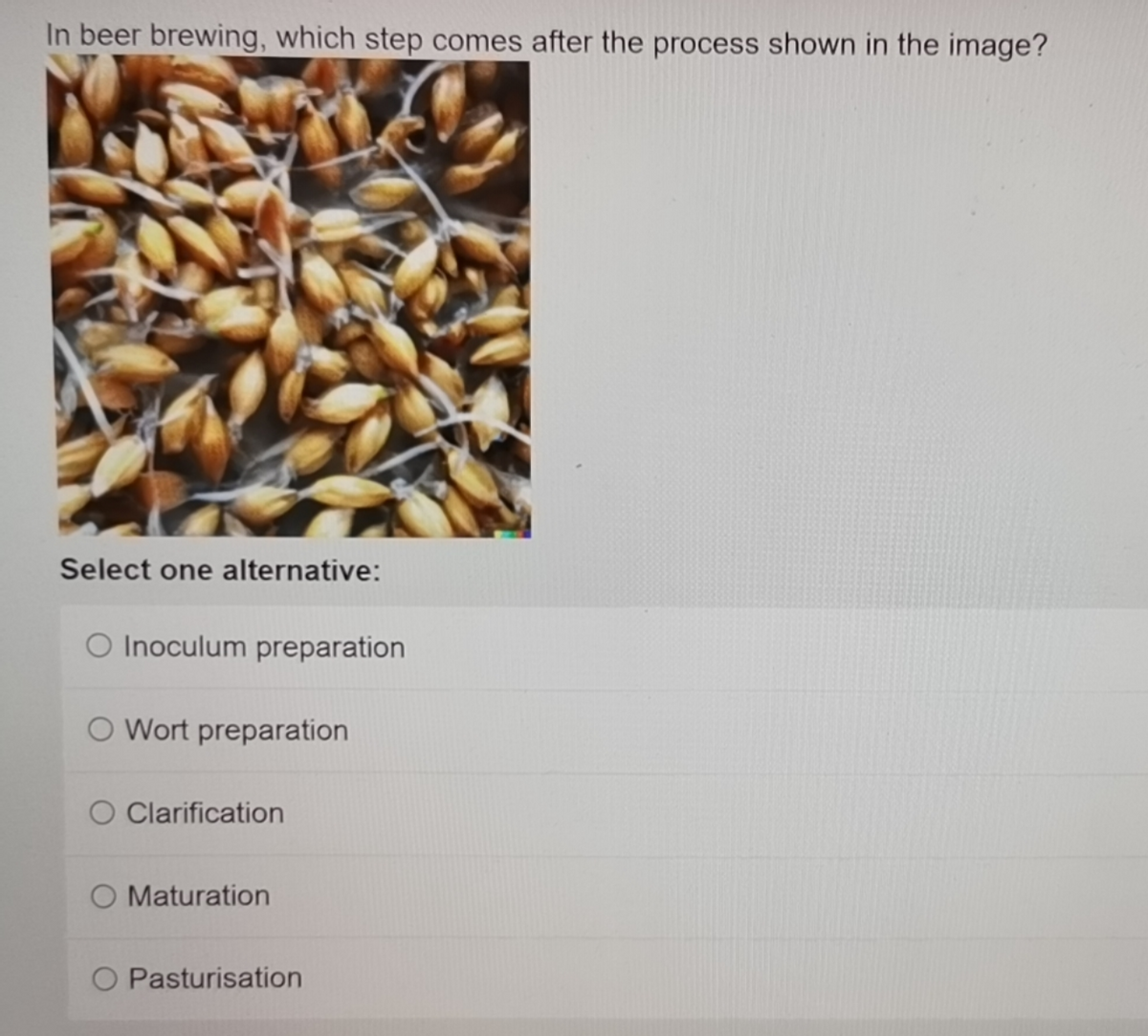In beer brewing, which step comes after the process shown in the image?
Select one alternative:
O Inoculum preparation
O Wort preparation
O Clarification
O Maturation
Pasturisation