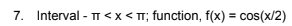 7. Interval - TI < x < TT; function, f(x) = cos(x/2)
