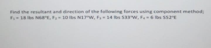 Find the resultant and direction of the following forces using component method;
F 18 Ibs N68 E, F2= 10 Ibs N17 W, F 14 lbs S33 W, F 6 lbs S52 E
