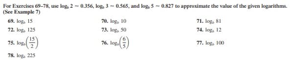 For Exercises 69-78, use log, 2 = 0.356, log, 3 = 0.565, and log, 5 = 0.827 to approximate the value of the given logarithms.
(See Example 7)
69. log, 15
70. log, 10
71. log, 81
72. log, 125
73. log, 50
74. log, 12
15
75. log.
76. log.
77. log, 100
78. log, 225
