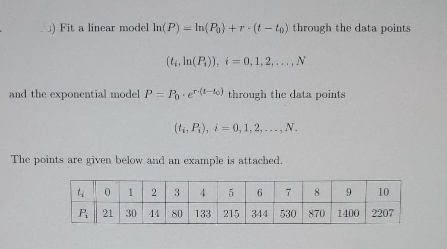 3) Fit a linear model In(P) = In(Po) +r (t – to) through the data points
(ti, In(P)), i= 0, 1, 2, ... , N
and the exponential model P= Po er (t-to) through the data points
(ti, P;), i = 0, 1, 2,..., N.
The points are given below and an example is attached.
ti
0.
1
3
4.
7
8
9.
10
Pi
21
30
44
80
133 215 344
530
870
1400
2207
