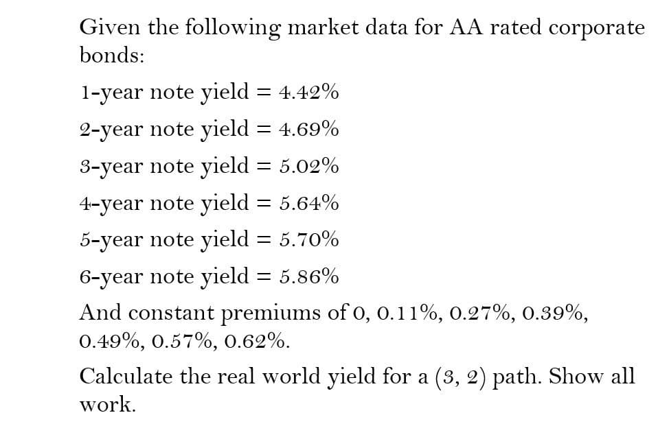 Given the following market data for AA rated corporate
bonds:
1-year note yield = 4.42%
2-year note yield = 4.69%
3-year note yield = 5.02%
4-year note yield = 5.64%
5-year note yield = 5.70%
6-year note yield = 5.86%
And constant premiums of 0, 0.11%, 0.27%, 0.39%,
0.49%, 0.57%, 0.62%.
Calculate the real world yield for a (3, 2) path. Show all
work.