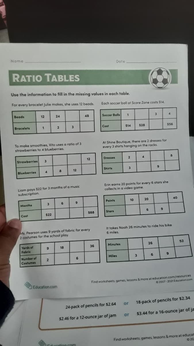 Name
Dote
RATIO TABLES
Use the information to fill in the missing values in each table.
For every bracelet Julie makes, she uses 12 beads.
Each soccer ball at Score Zone costs $14.
Beads
12
24
48
Soccer Balls
1
3
Bracelets
1
3
Cost
$14
$28
$56
To make smoothies, Vito uses a ratio of 3
strawberries to 4 blueberries.
At Shine Boutique, there are 2 dresses for
every 3 shirts hanging on the racks.
Strawberries
3
12
Dresses
4.
8
Blueberries
4
8
12
Shirts
9.
Liam pays $22 for 3 months of a music
subscription.
Erin earns 20 points for every 6 stars she
collects in a video game.
Months
3
6
Points
10
20
40
Cost
$22
$88
Stars
6
9
Ms. Pearson uses 9 yards of fabric for every
2 costumes for the school play.
It takes Noah 26 minutes to ride his bike
6 miles.
Yards of
Fabric
9.
18
36
Minutes
26
52
Number of
6
Miles
3
6
9.
Costumes
Find worksheets, games, lessons & more at education.com/resources
O 2007 - 2021 Education.corm
Education.com
or
18-pack of pencils for $2.34
24-pack of pencils for $2.64
or
$3.44 for a 16-ounce jar of ja
$2.46 for a 12-ounce jar of jam
Find worksheets, games, lessons & more at educat
© 20
cation com
