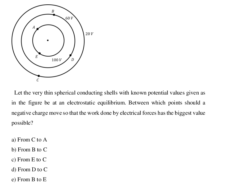 60 V
20 V
E
100 V
C
Let the very thin spherical conducting shells with known potential values given as
in the figure be at an electrostatic equilibrium. Between which points should a
negative charge move so that the work done by electrical forces has the biggest value
possible?
a) From C to A
b) From B to C
c) From E to C
d) From D to C
e) From B to E
