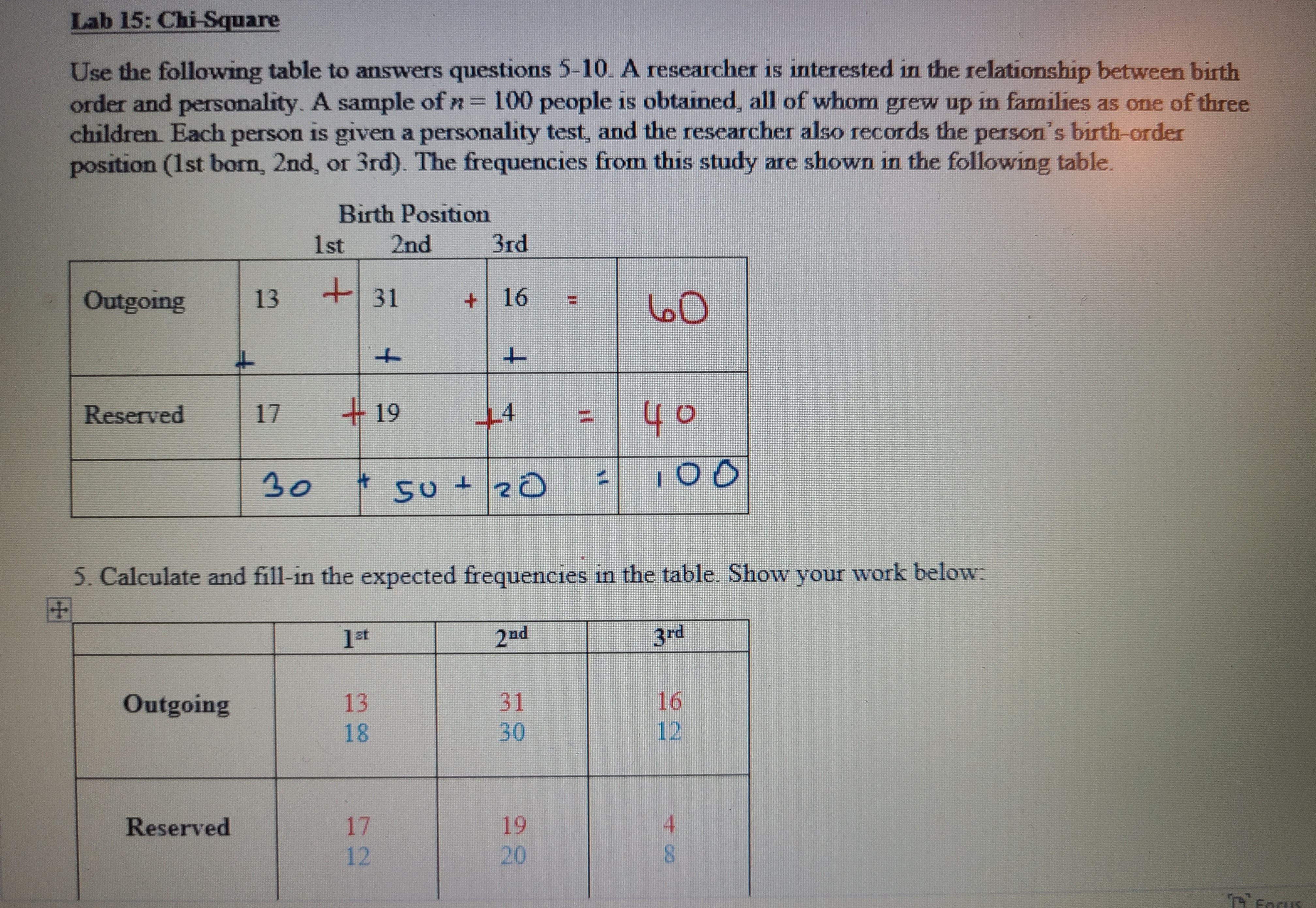 Use the following table to answers questions 5-10. A researcher is interested in the relationship between birth
order and personality. A sample of n 100 people is obtained, all of whom grew up in families as one of three
children Each person is given a personality test, and the researcher also records the person's birth-order
position (1st born, 2nd, or 3rd). The frequencies from this study are shown in the following table.
