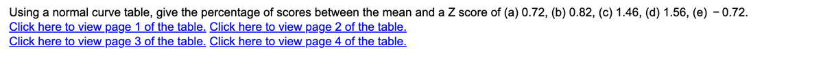 Using a normal curve table, give the percentage of scores between the mean and a Z score of (a) 0.72, (b) 0.82, (c) 1.46, (d) 1.56, (e) - 0.72.
Click here to view page 1 of the table. Click here to view page 2 of the table.
Click here to view page 3 of the table. Click here to view page 4 of the table.