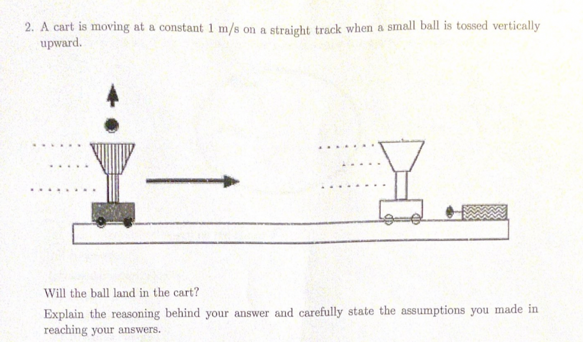 2. A cart is moving at a constant 1 m/s on a straight track when a small ball is tossed vertically
upward.
Will the ball land in the cart?
Explain the reasoning behind your answer and carefully state the assumptions you made in
reaching your answers.
