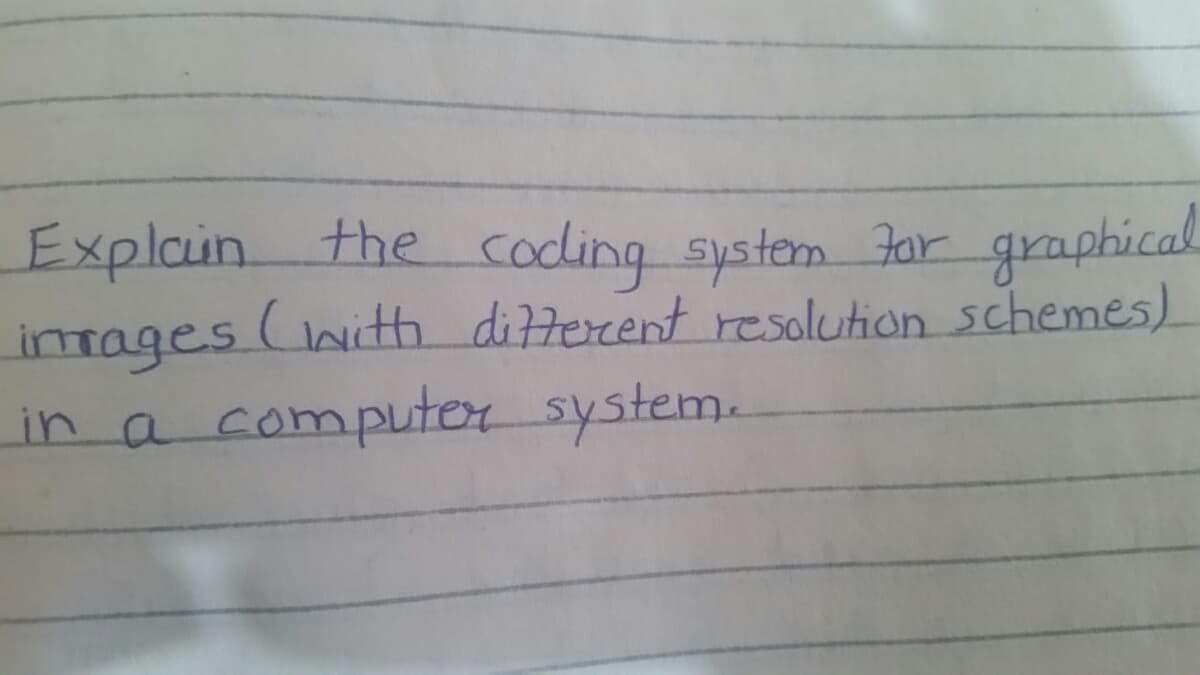 Explain the coding system For graphical
intages (nith ditercent resalution schemes)
in a computer system.
