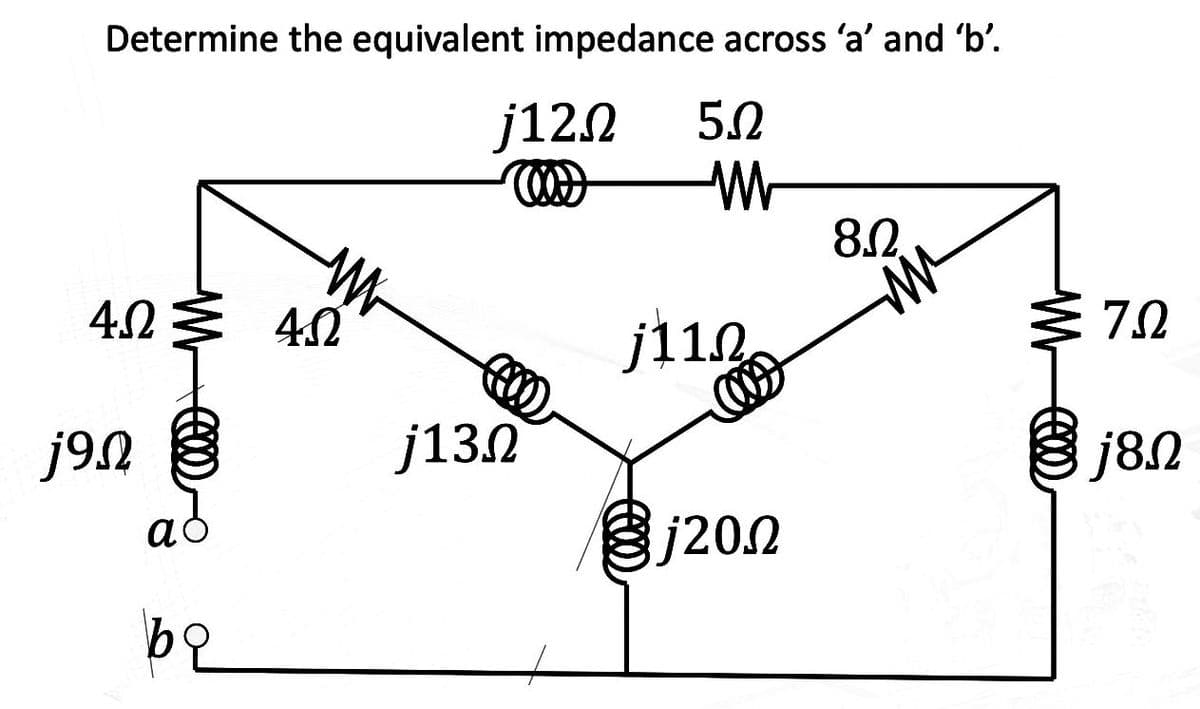 Determine the equivalent impedance across 'a' and 'b'.
j12Ω 5Ω
(00)
Μ
4Ω
j9n
2
ww
4Ω
j13Ω
j112
@j20Ω
8Ω.
WM
ΖΩ
j8Ω