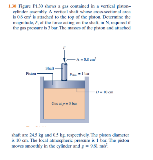 1.30 Figure P1.30 shows a gas contained in a vertical piston-
cylinder assembly. A vertical shaft whose cross-sectional area
is 0.8 cm² is attached to the top of the piston. Determine the
magnitude, F, of the force acting on the shaft, in N, required if
the gas pressure is 3 bar. The masses of the piston and attached
Piston
Shaft
A = 0.8 cm²
Patm = 1 bar
Gas at p = 3 bar
D = 10 cm
shaft are 24.5 kg and 0.5 kg, respectively. The piston diameter
is 10 cm. The local atmospheric pressure is 1 bar. The piston
moves smoothly in the cylinder and g = 9.81 m/s².