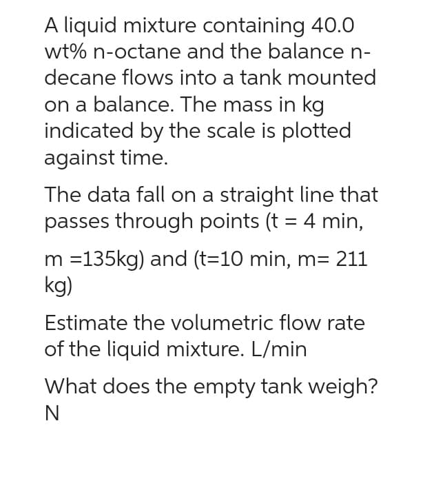 A liquid mixture containing 40.0
wt% n-octane and the balance n-
decane flows into a tank mounted
on a balance. The mass in kg
indicated by the scale is plotted
against time.
The data fall on a straight line that
passes through points (t = 4 min,
m =135kg) and (t=10 min, m= 211
kg)
Estimate the volumetric flow rate
of the liquid mixture. L/min
What does the empty tank weigh?
N