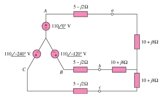 110/+240° V
C
110/0° V
5-jΖΩ
110-120° V
5-j2Ω
B
5-j2Ω
τὸ
10 + j8Ω
10 + j8Ω
10 + j8Ω